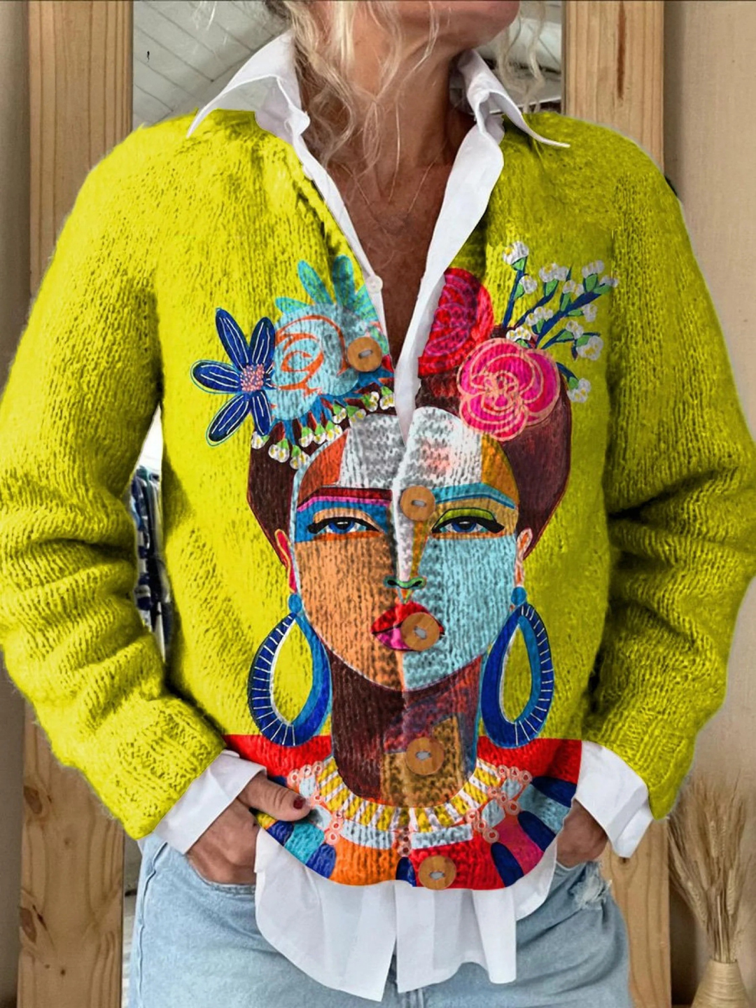 Ona | Oil Painting Frida Portrait Art Printed Buttoned Cardigan