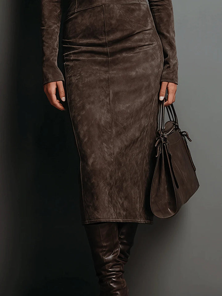 Midi dress with long sleeves made of suede with a high neckline