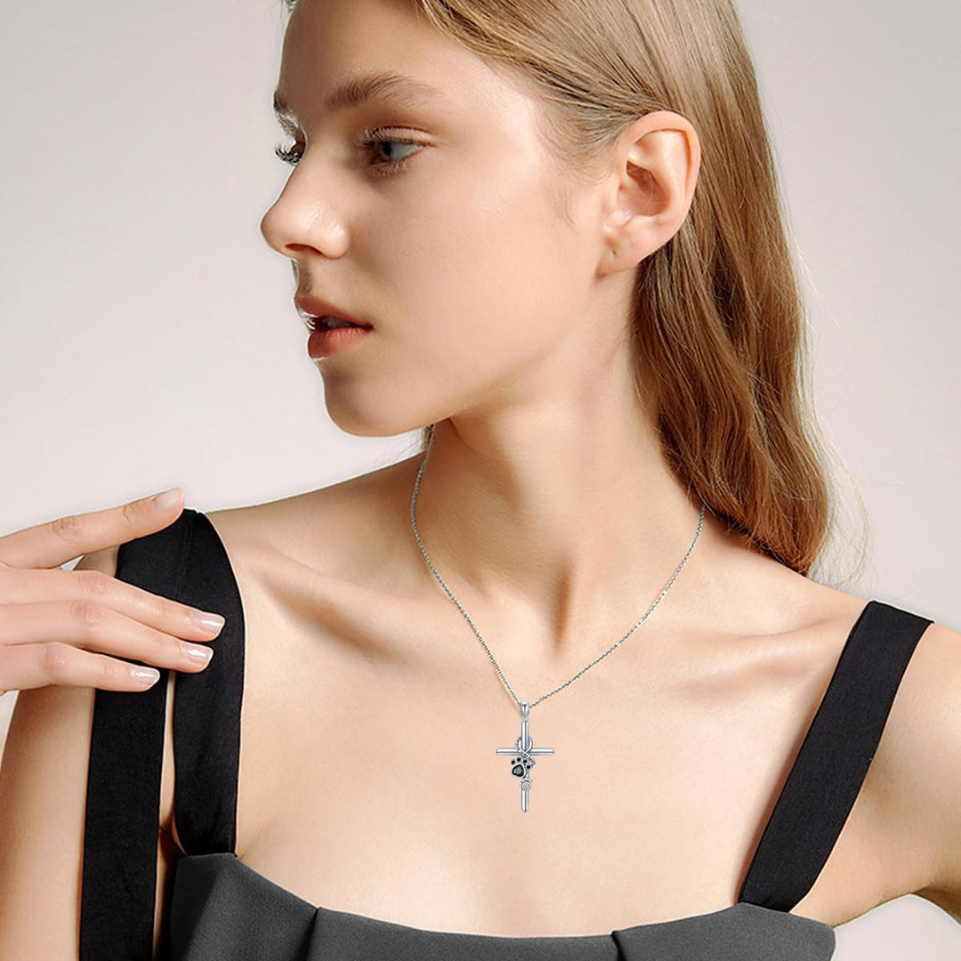 Necklace with paw and cross pendant in silver