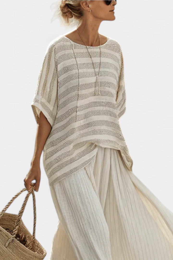Graziella – natural bamboo striped top and fluid linen pants