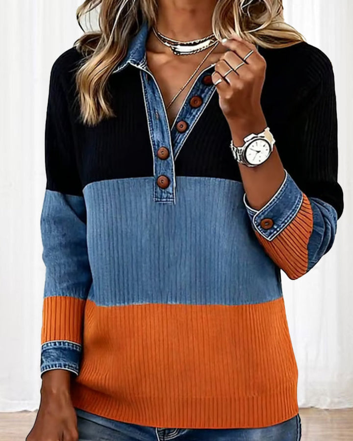 Laluna® | Fashionable Top with Lapel and Contrast Color