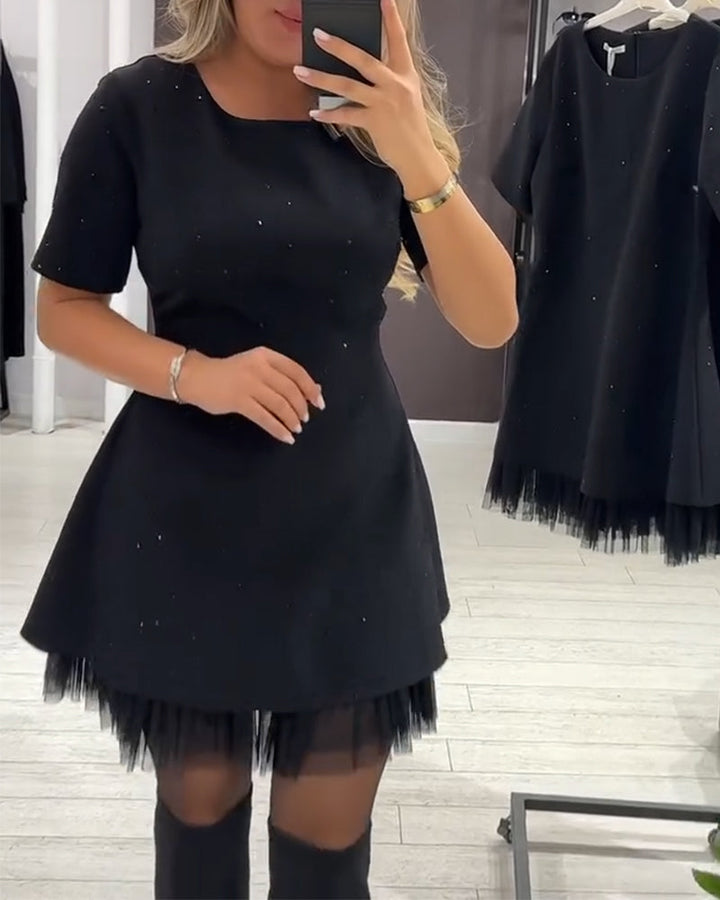Martina - Black Flared Dress with Shiny Details and Tulle Hem