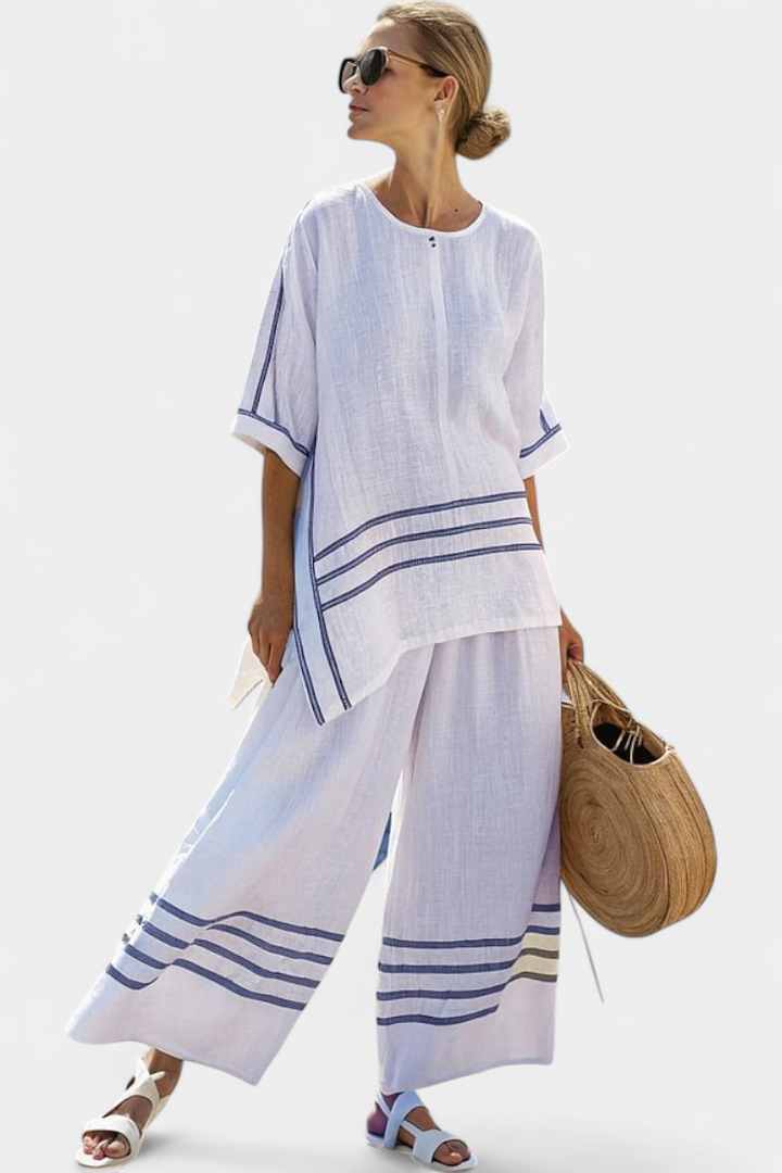 Vittorina – sophisticated asymmetric striped top and bold pants