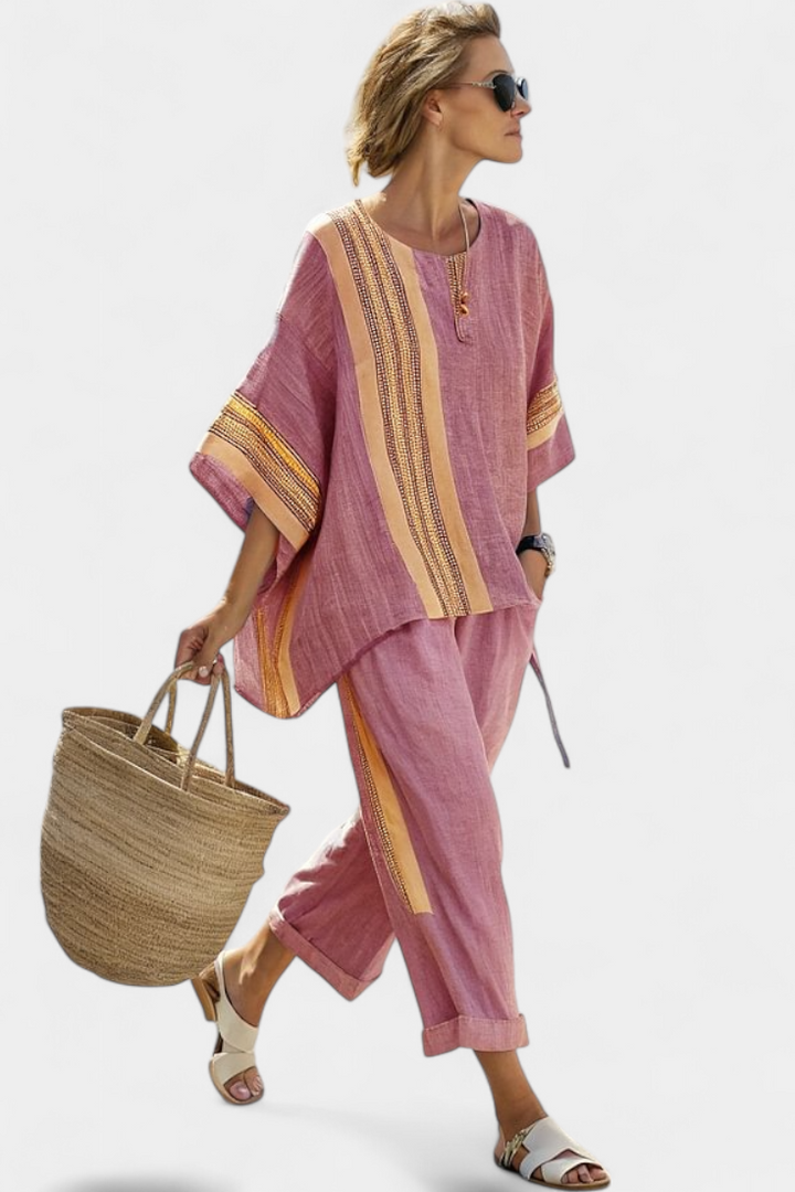 Daniela – elegant lavender top and mustard striped pants