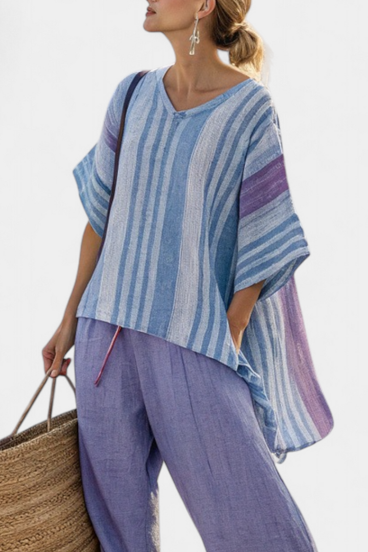 Carlotta – elegant top in lavender and sky blue with linen pants