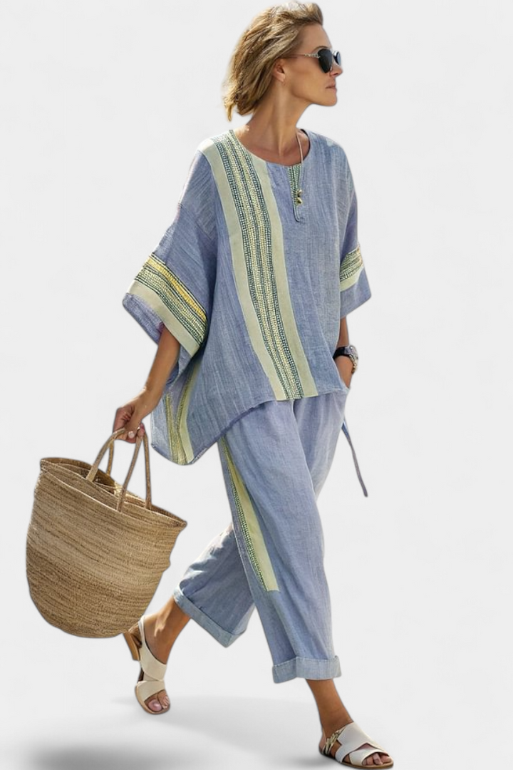 Daniela – elegant lavender top and mustard striped pants