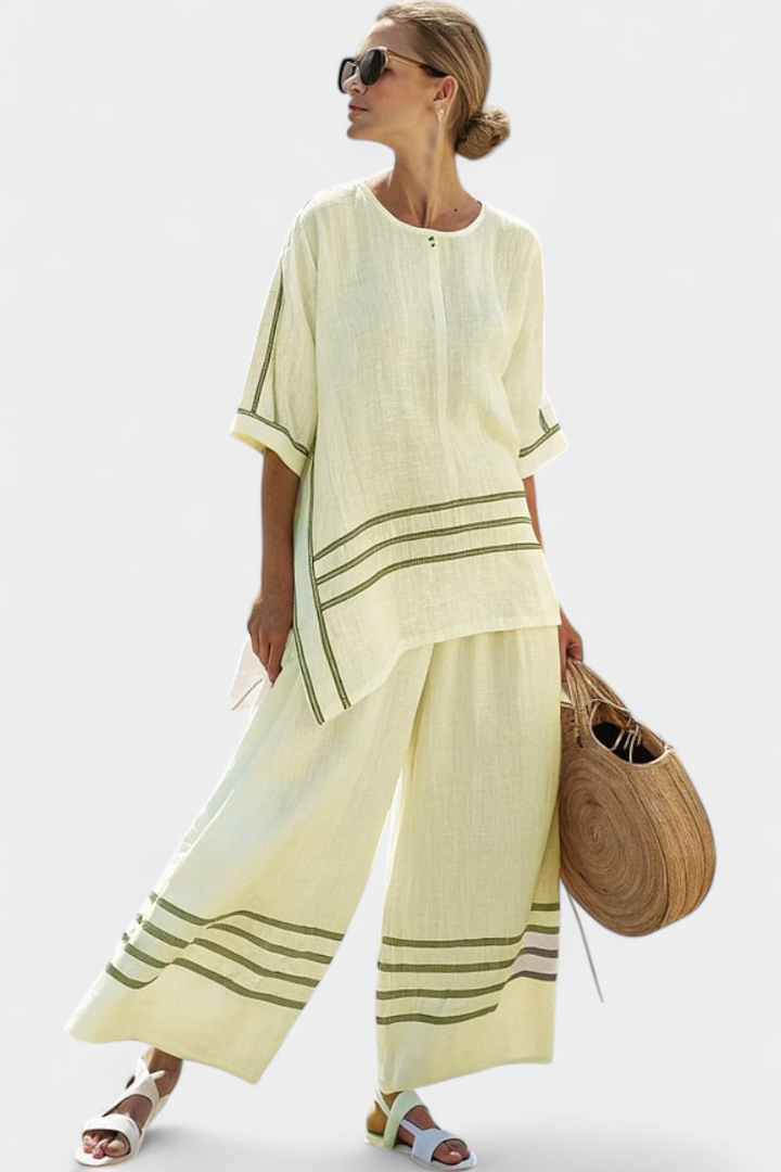 Vittorina – sophisticated asymmetric striped top and bold pants