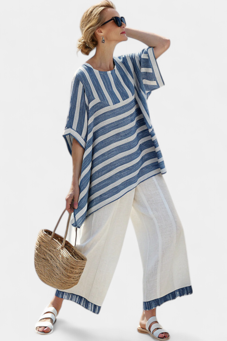 Ornella – sophisticated blue striped top and pants with details at the bottom