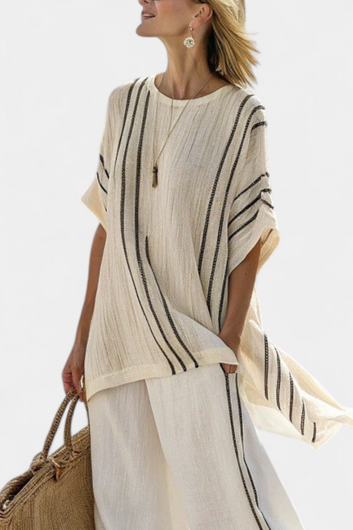 Raffaella – elegant ivory linen blouse and black striped pants