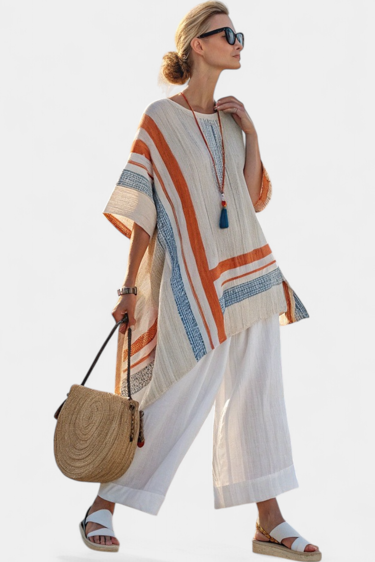 Loredana – sophisticated asymmetric blouse and wide-leg linen pants