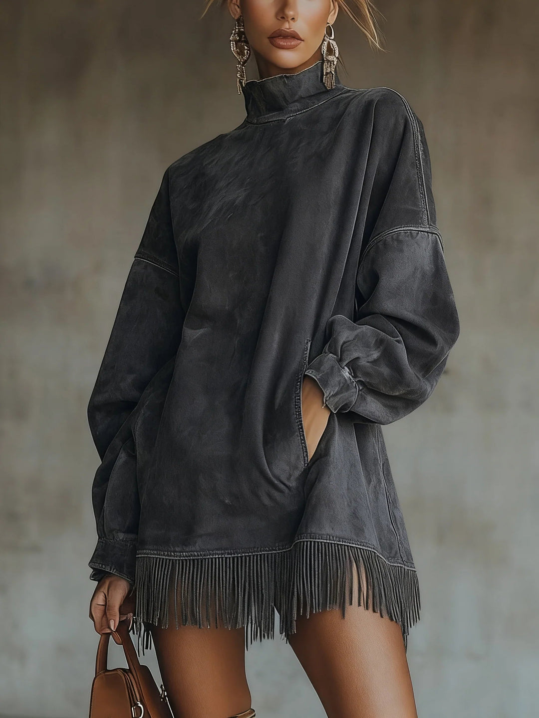 Faux Suede Dress with Collar and Fringe