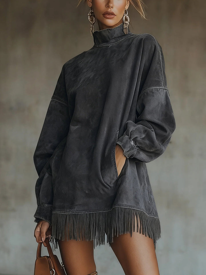 Faux Suede Dress with Collar and Fringe