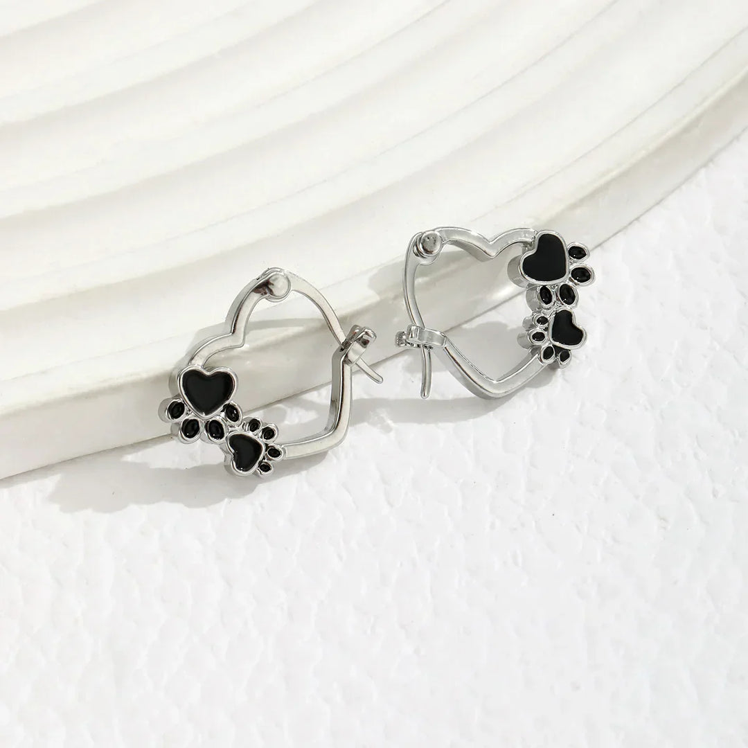 Huggie Earrings with Heart and Black Enamel