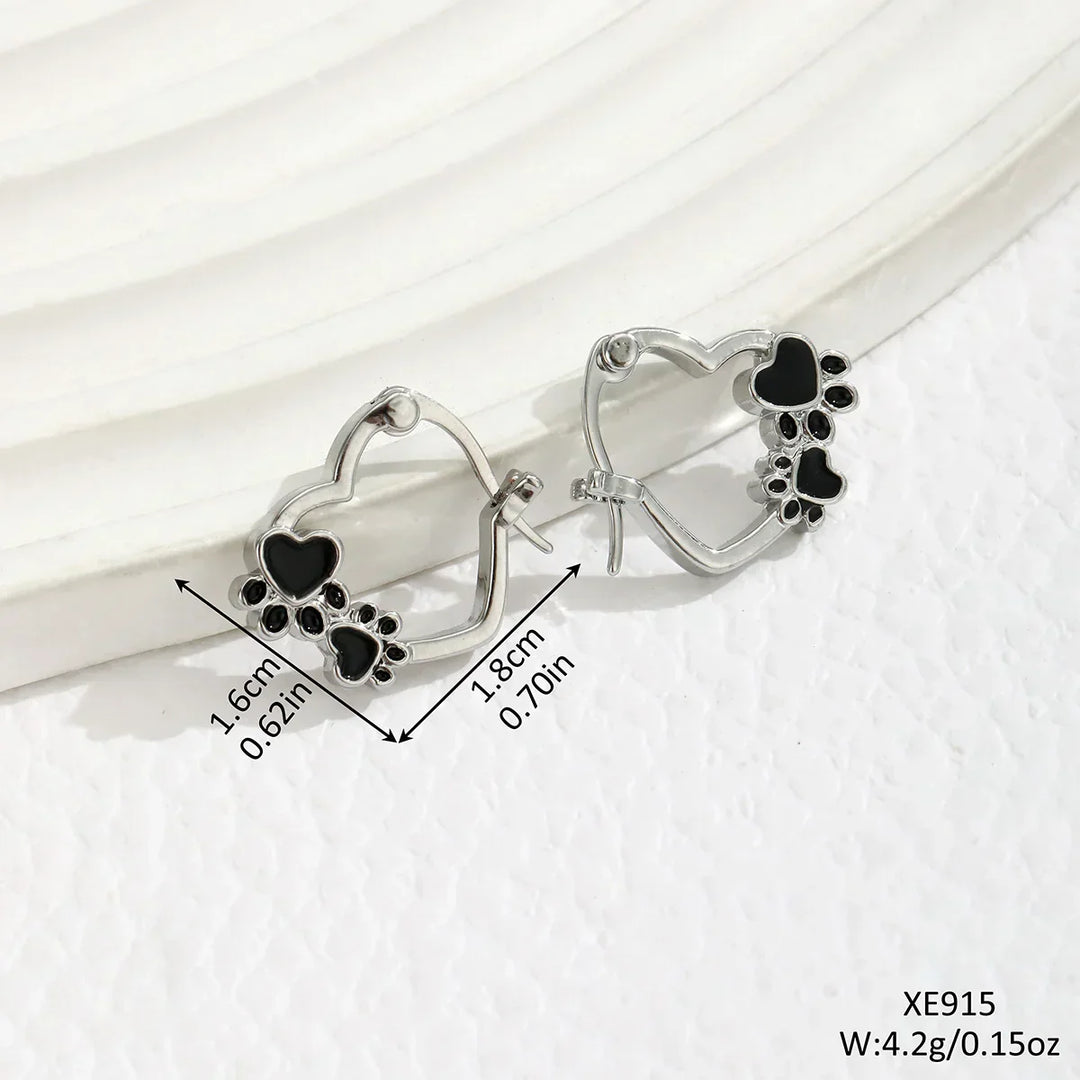 Huggie Earrings with Heart and Black Enamel