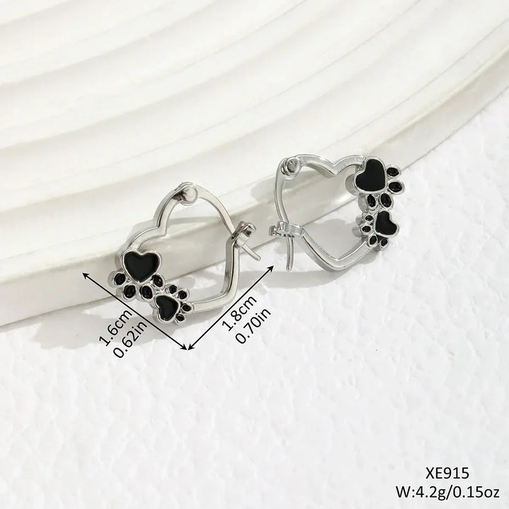 Huggie Earrings with Heart and Black Enamel