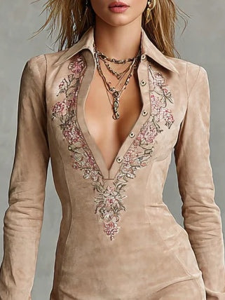 Beige Midi Dress with Suede and Floral Collar