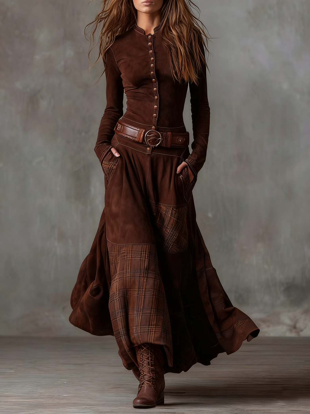 Navy Plaid Paneled Vintage Suede Maxi Dress(with belt)
