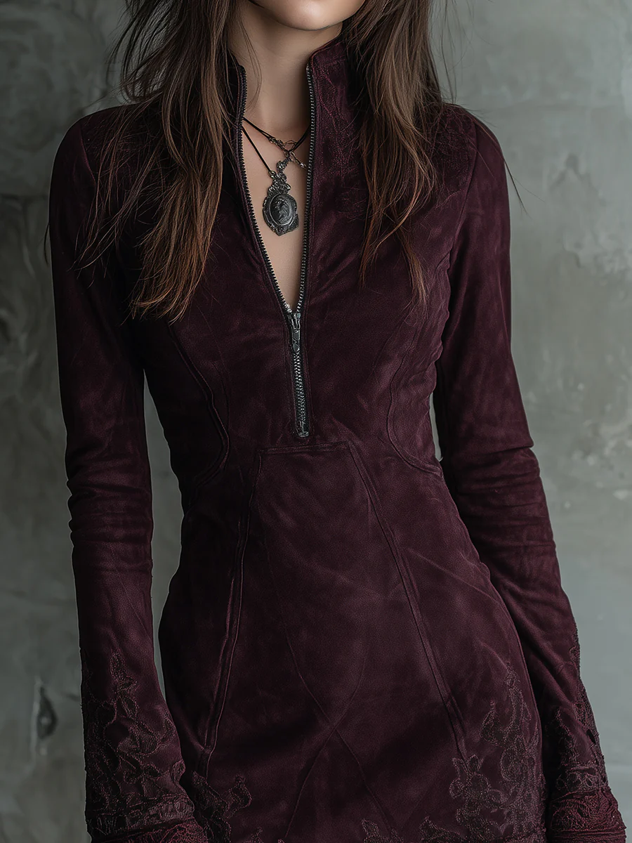 Dark Purple Vintage Faux Suede Embroidered Lace Mini Dress