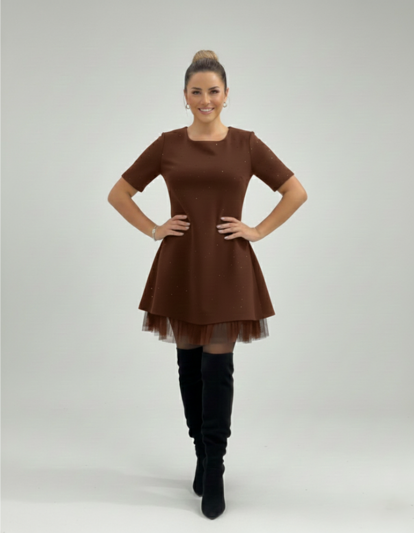 Martina - Black Flared Dress with Shiny Details and Tulle Hem