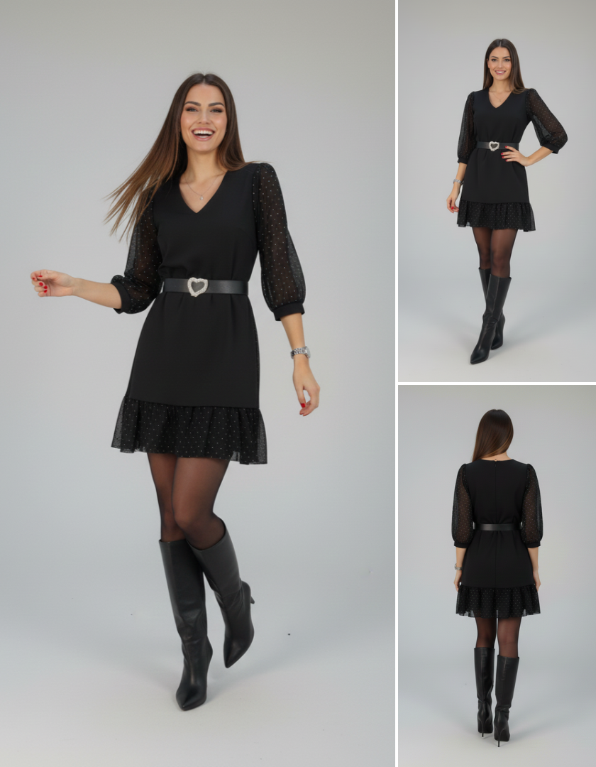 Serena - Elegant Black Dress with Sheer Sleeves and Jewel Belt