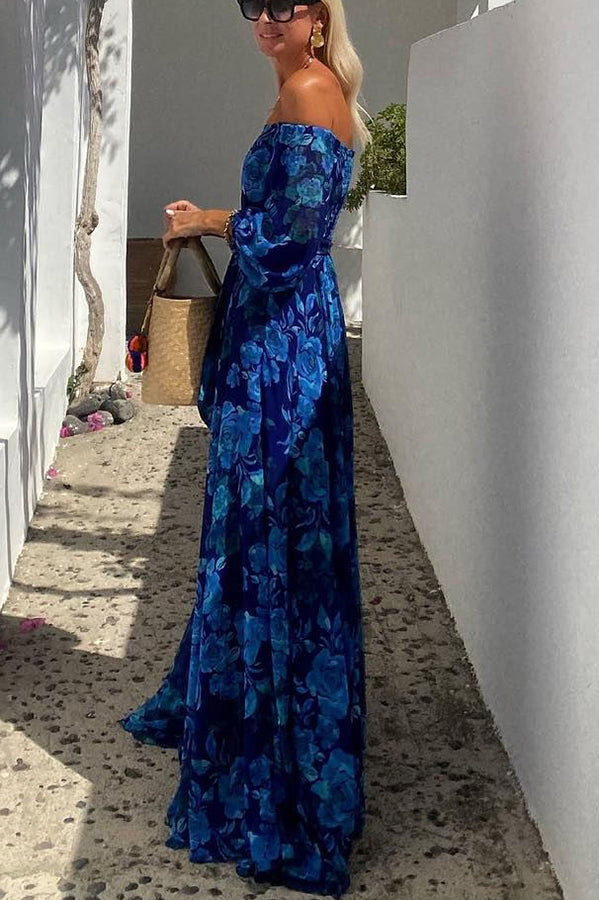 Francesca - Long dress with floral print and off-the-shoulder sleeves