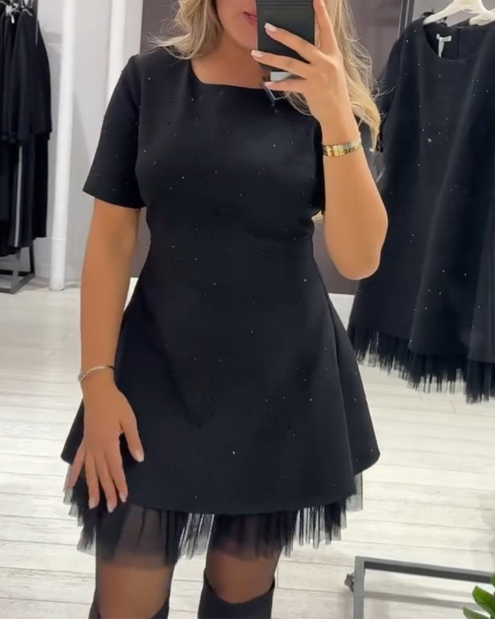 Martina - Black Flared Dress with Shiny Details and Tulle Hem