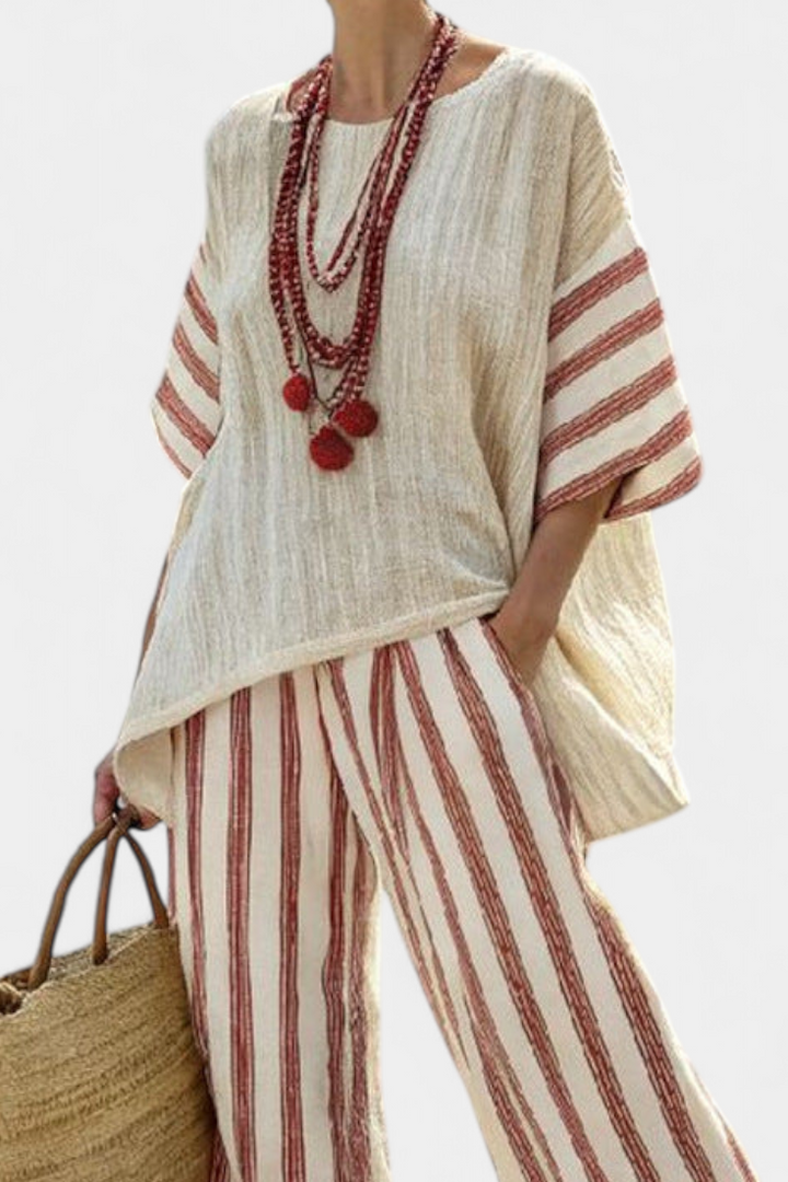 Rosalinda – Elegant rustic striped top and cream linen pants