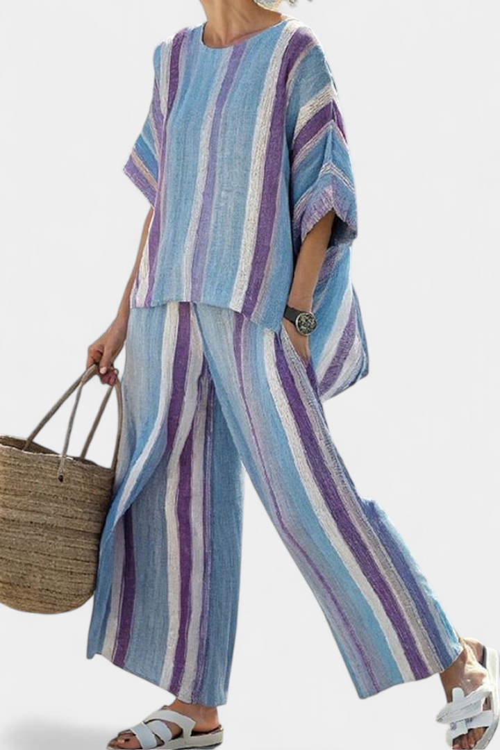 Ginevra – elegant mauve pastel top and striped linen pants