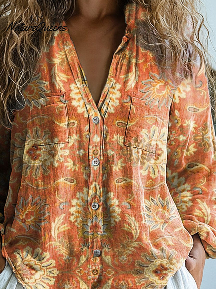 Melanie | Women's Vintage Lovely Floral Art Print Casual Long Sleeve Comfortable Cotton Shirt