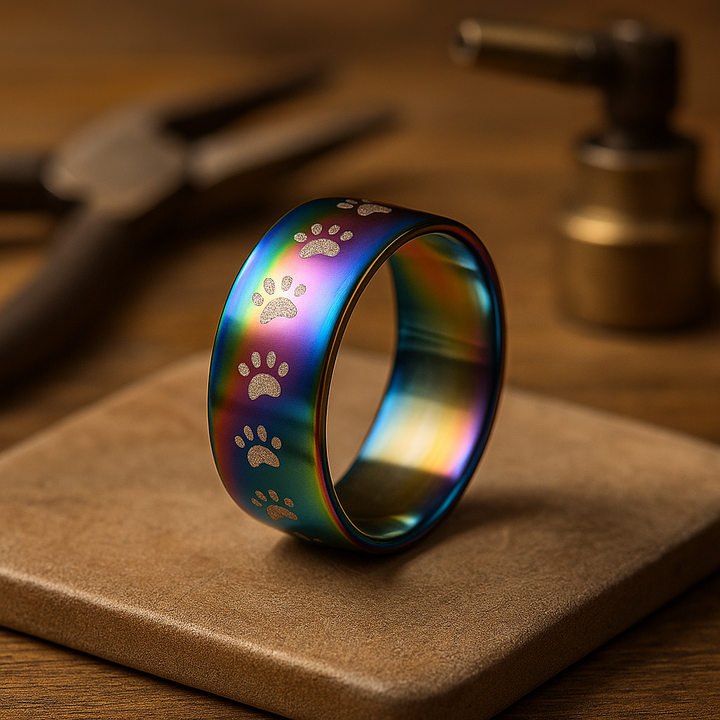 Rainbow Paw Print Stainless Steel Handmade Ring
